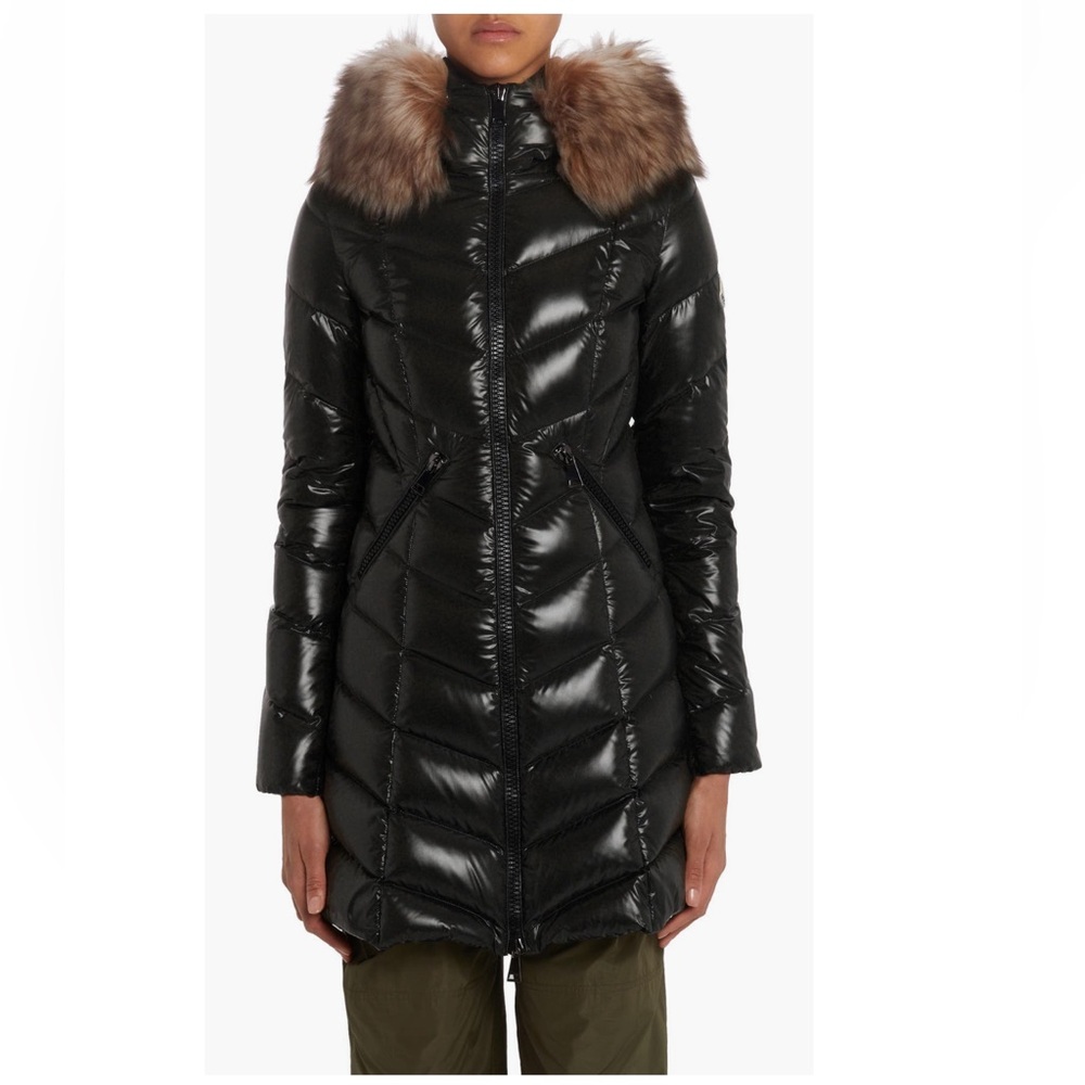 Moncler Shiny Black Puffer Jacket with Brown Fur Hood